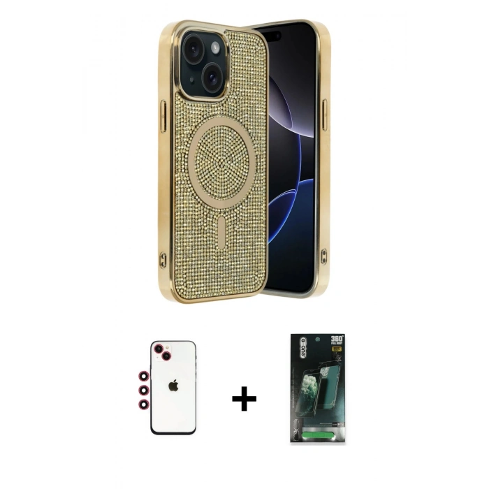 MARSİLYAN™- iPhone 14 Kılıf Eksen Çizgi - Şeffaf 360 Full Body Arka Koruyucu + Shine Kamera Lens - KI
