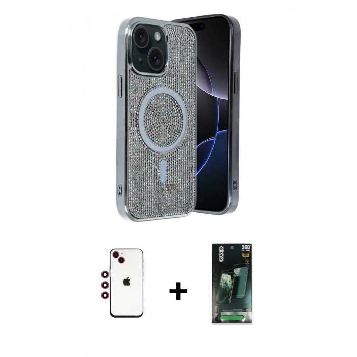 MARSİLYAN™- iPhone 14 Kılıf Eksen Çizgi - Şeffaf 360 Full Body Arka Koruyucu + Shine Kamera Lens - KI