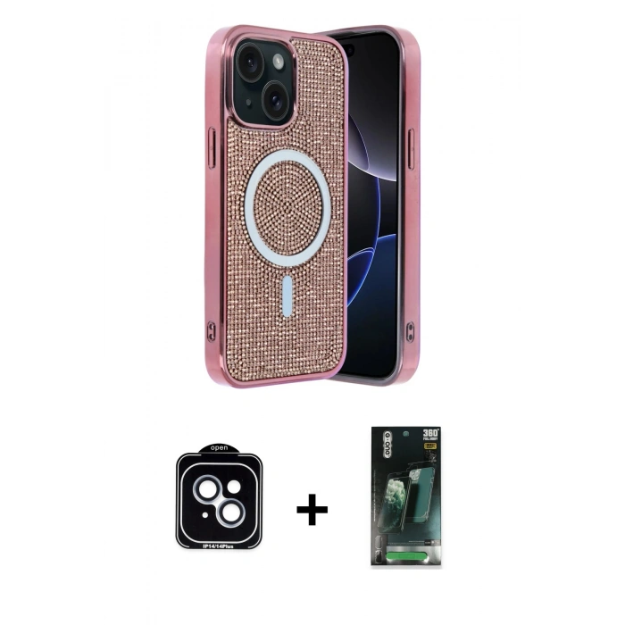 MARSİLYAN™- iPhone 14 Kılıf Eksen Çizgi - Şeffaf 360 Full Body Arka Koruyucu + PVD Metal Kamera Lens - MI