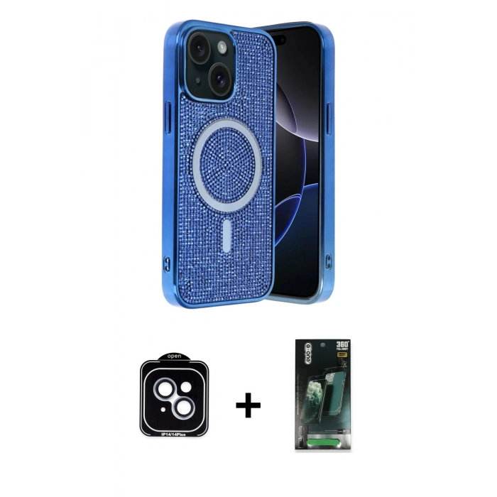 MARSİLYAN™- iPhone 14 Kılıf Eksen Çizgi - Şeffaf 360 Full Body Arka Koruyucu + PVD Metal Kamera Lens - MI