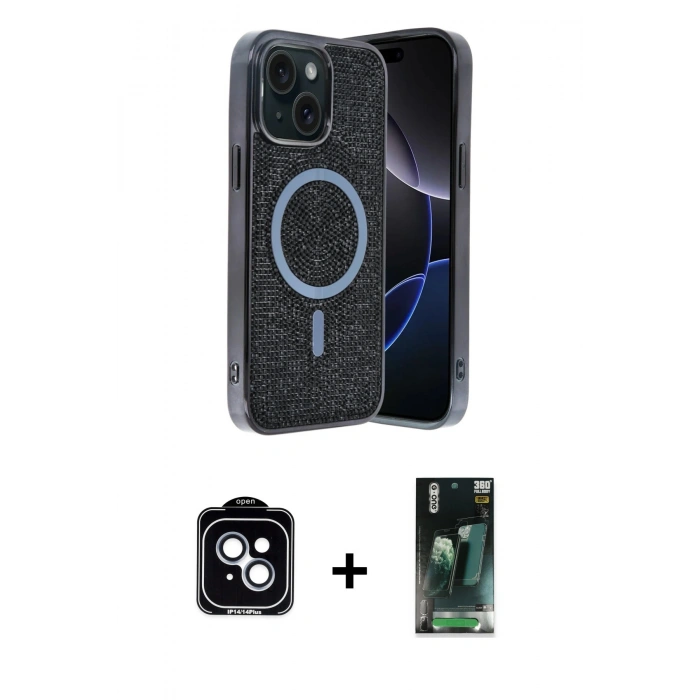 MARSİLYAN™- iPhone 14 Kılıf Eksen Çizgi - Şeffaf 360 Full Body Arka Koruyucu + PVD Metal Kamera Lens - MI