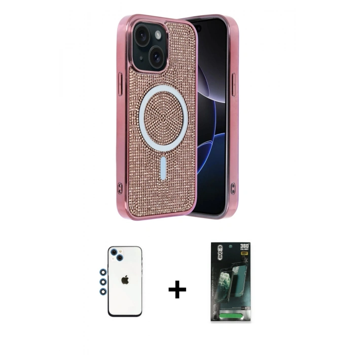 MARSİLYAN™- iPhone 14 Kılıf Eksen Çizgi - Şeffaf 360 Full Body Arka Koruyucu + Mavi Shine Kamera Lens