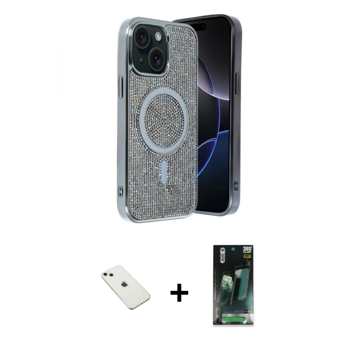 MARSİLYAN™- iPhone 14 Kılıf Eksen Çizgi - Şeffaf 360 Full Body Arka Koruyucu + Pembe Diamond Kamera Lens