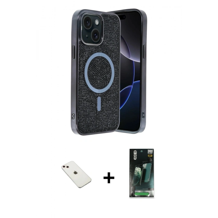 MARSİLYAN™- iPhone 14 Kılıf Eksen Çizgi - Şeffaf 360 Full Body Arka Koruyucu + Pembe Diamond Kamera Lens