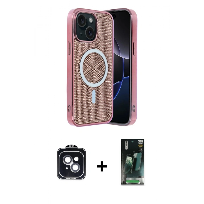 MARSİLYAN™- iPhone 14 Kılıf Eksen Çizgi - Şeffaf 360 Full Body Arka Koruyucu + PVD Metal Kamera Lens - SH