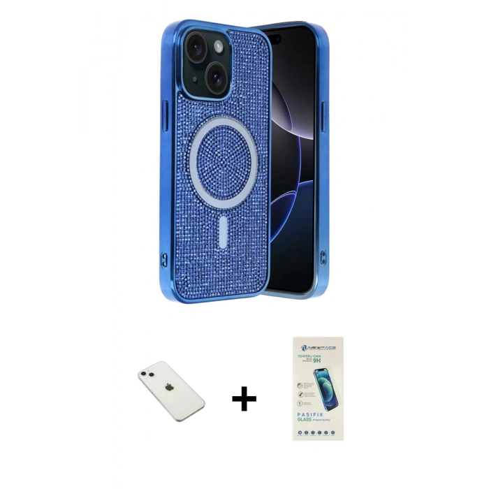 MARSİLYAN™- iPhone 14 Kılıf Eksen Çizgi - Şeffaf Pasifik Cam Ekran Koruyucu + Diamond Kamera Lens - SABE