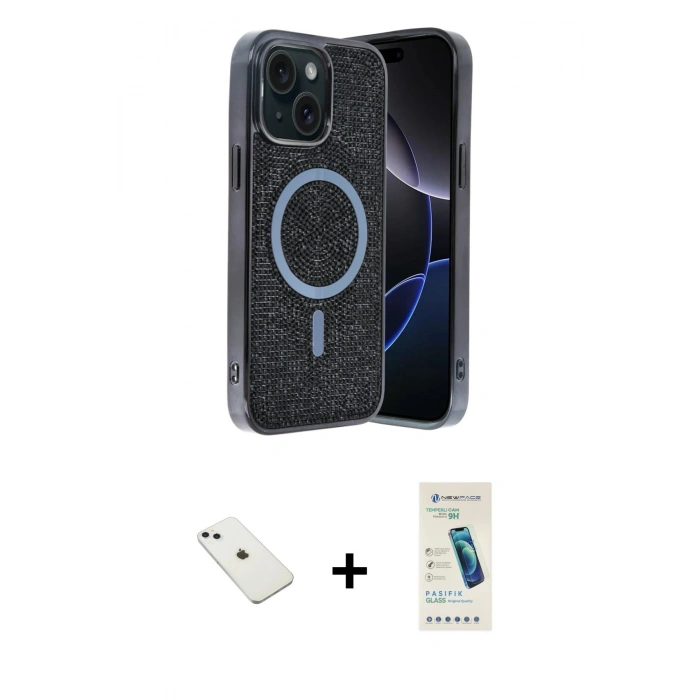 MARSİLYAN™- iPhone 14 Kılıf Eksen Çizgi - Şeffaf Pasifik Cam Ekran Koruyucu + Diamond Kamera Lens - SABE