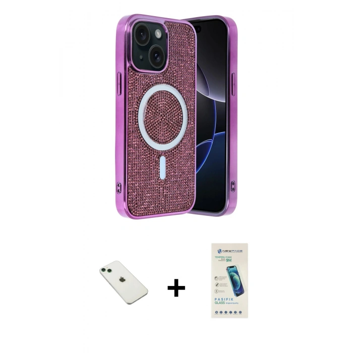 MARSİLYAN™- iPhone 14 Kılıf Eksen Çizgi - Şeffaf Pasifik Cam Ekran Koruyucu + Diamond Kamera Lens - YL