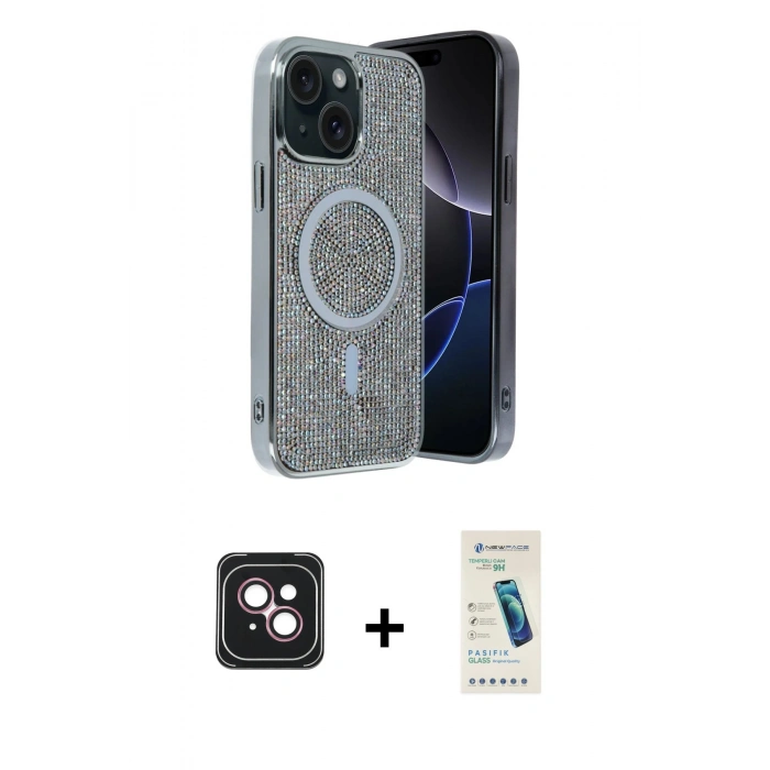 MARSİLYAN™- iPhone 14 Kılıf Eksen Çizgi - Şeffaf Pasifik Cam Ekran Koruyucu + PVD Metal Kamera Lens - PE