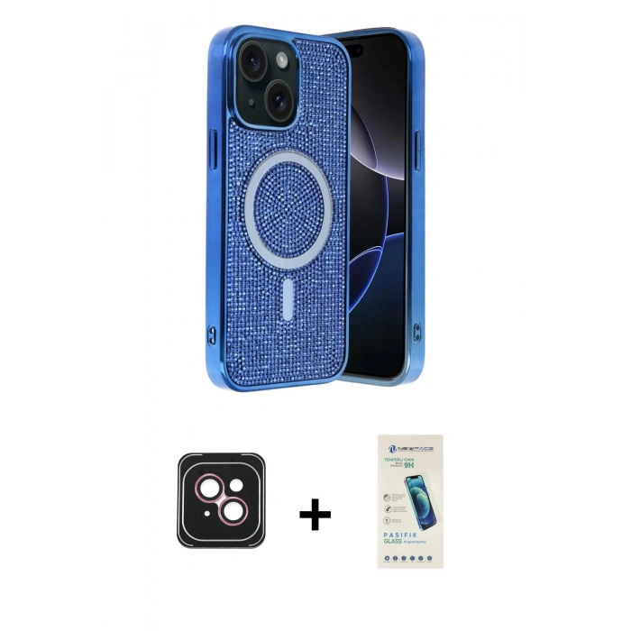 MARSİLYAN™- iPhone 14 Kılıf Eksen Çizgi - Şeffaf Pasifik Cam Ekran Koruyucu + PVD Metal Kamera Lens - PE