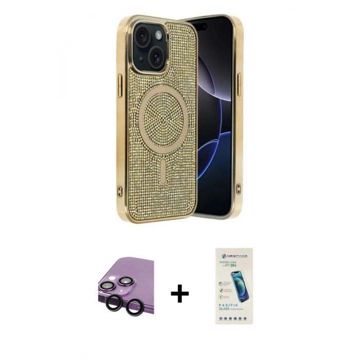 MARSİLYAN™- iPhone 14 Kılıf Eksen Çizgi - Şeffaf Pasifik Cam Ekran Koruyucu + Raze Metal Kamera Lens - SH