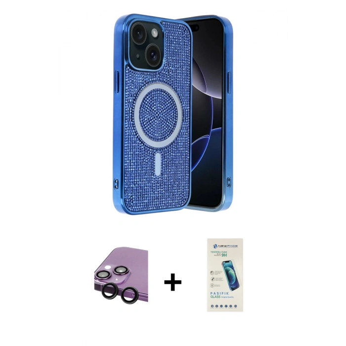 MARSİLYAN™- iPhone 14 Kılıf Eksen Çizgi - Şeffaf Pasifik Cam Ekran Koruyucu + Raze Metal Kamera Lens - SH