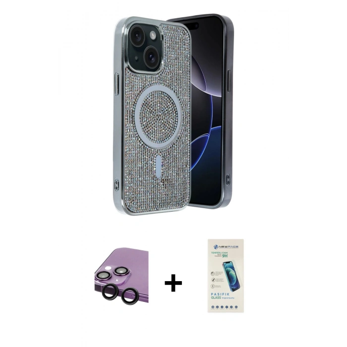 MARSİLYAN™- iPhone 14 Kılıf Eksen Çizgi - Şeffaf Pasifik Cam Ekran Koruyucu + Raze Metal Kamera Lens - SH