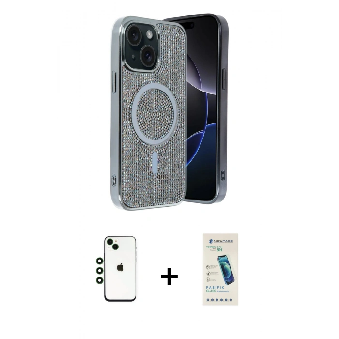 MARSİLYAN™- iPhone 14 Kılıf Eksen Çizgi - Şeffaf Pasifik Cam Ekran Koruyucu + Shine Kamera Lens - YL