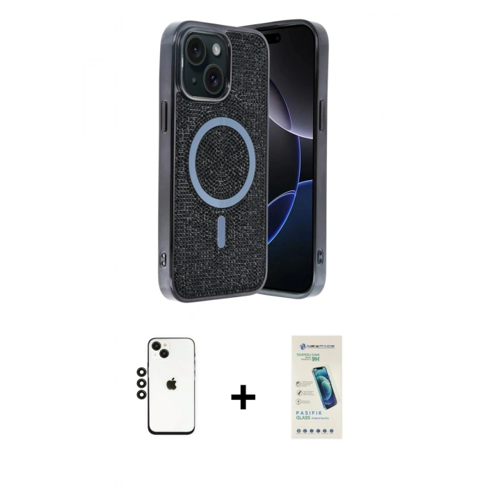 MARSİLYAN™- iPhone 14 Kılıf Eksen Çizgi - Şeffaf Pasifik Cam Ekran Koruyucu + Shine Kamera Lens - SH