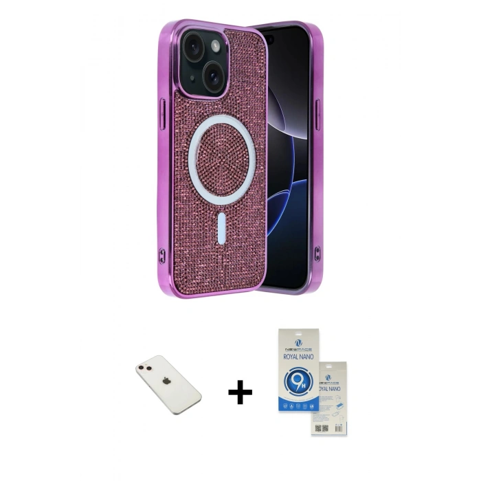 MARSİLYAN™- iPhone 14 Kılıf Eksen Çizgi - Şeffaf Royal Nano Ekran Koruyucu + Diamond Kamera Lens - PE