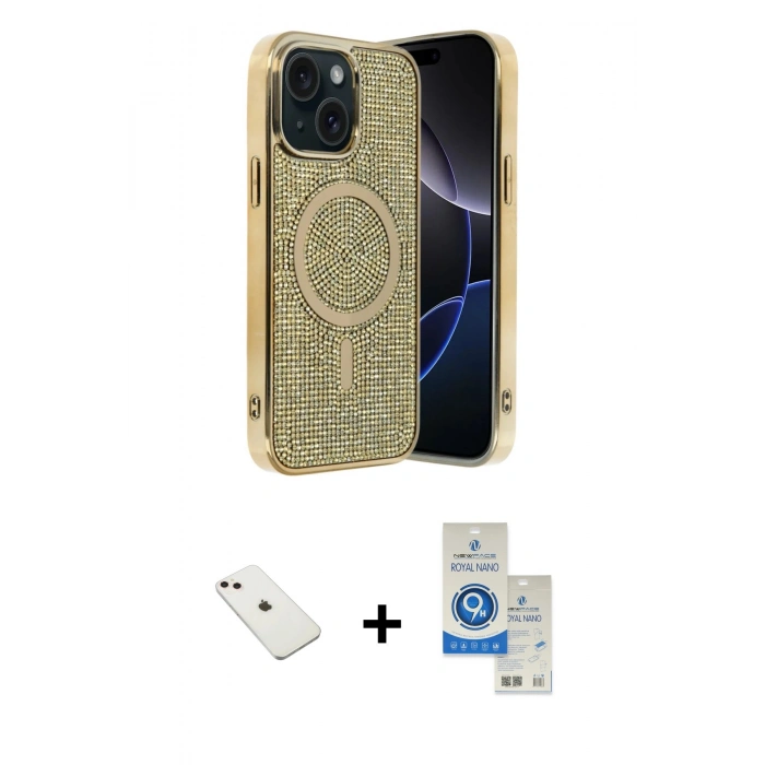 MARSİLYAN™- iPhone 14 Kılıf Eksen Çizgi - Şeffaf Royal Nano Ekran Koruyucu + Diamond Kamera Lens - PE