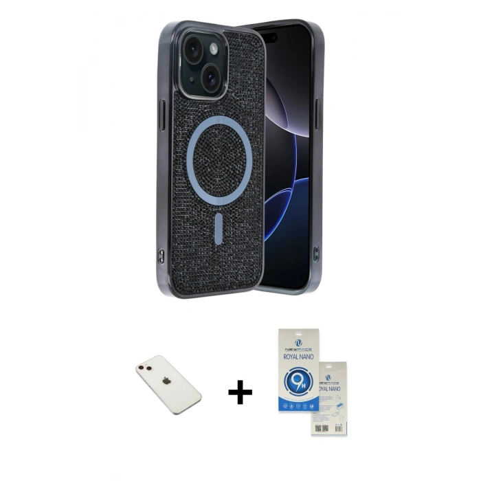 MARSİLYAN™- iPhone 14 Kılıf Eksen Çizgi - Şeffaf Royal Nano Ekran Koruyucu + Diamond Kamera Lens - PE