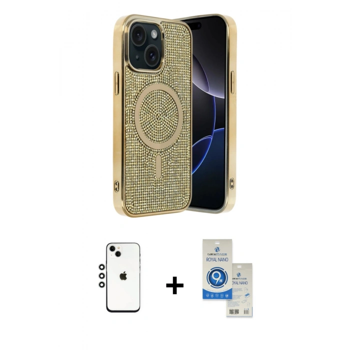 MARSİLYAN™- iPhone 14 Kılıf Eksen Çizgi - Şeffaf Royal Nano Ekran Koruyucu + Shine Kamera Lens - GS