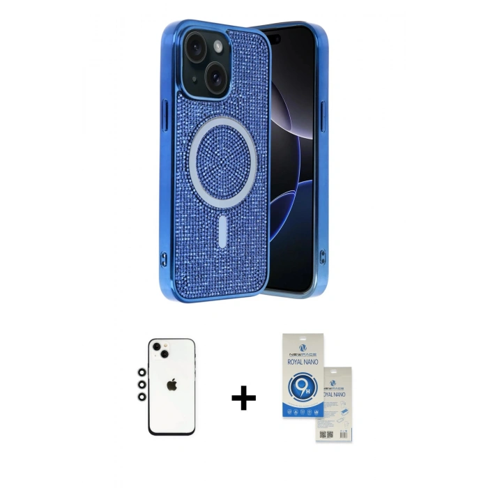 MARSİLYAN™- iPhone 14 Kılıf Eksen Çizgi - Şeffaf Royal Nano Ekran Koruyucu + Shine Kamera Lens - GS