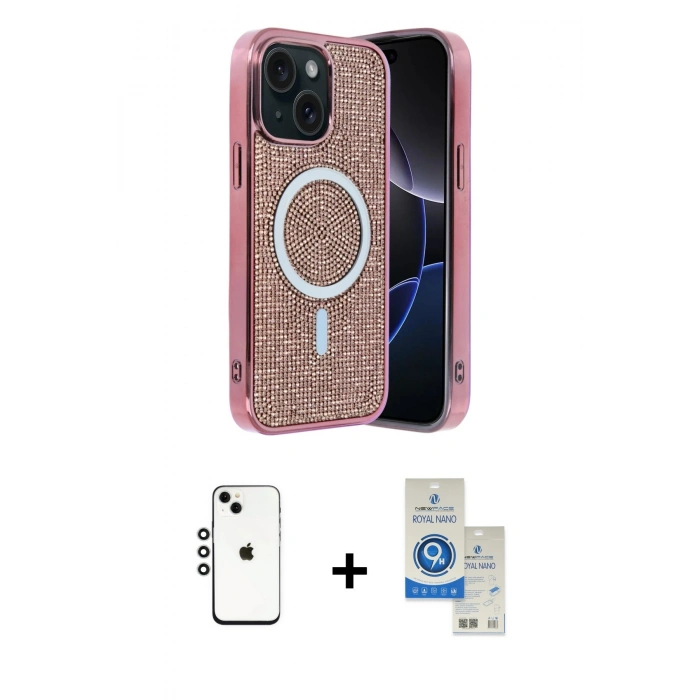 MARSİLYAN™- iPhone 14 Kılıf Eksen Çizgi - Şeffaf Royal Nano Ekran Koruyucu + Shine Kamera Lens - GS
