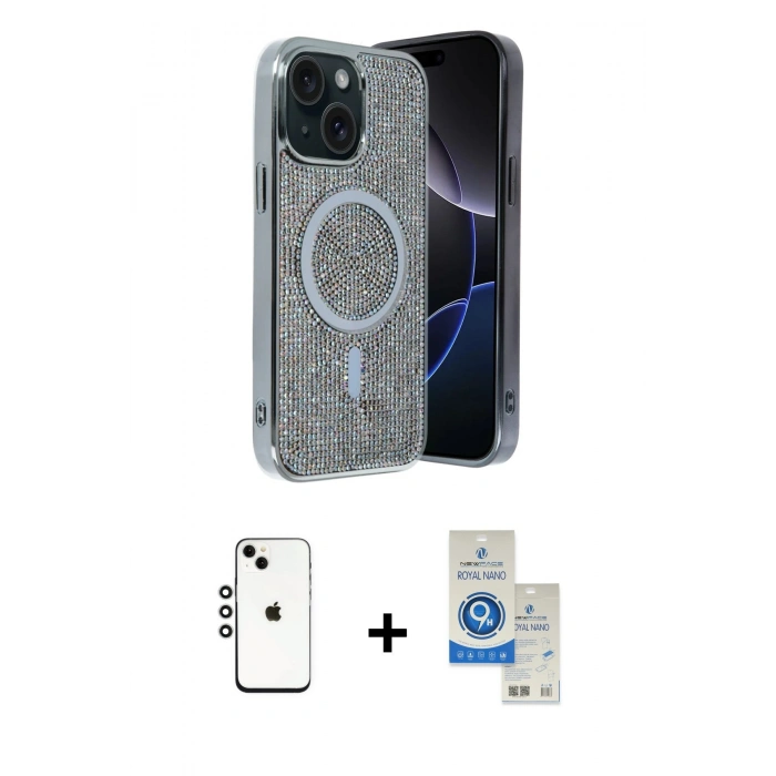 MARSİLYAN™- iPhone 14 Kılıf Eksen Çizgi - Şeffaf Royal Nano Ekran Koruyucu + Shine Kamera Lens - GS