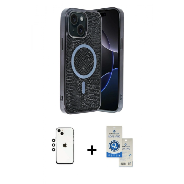 MARSİLYAN™- iPhone 14 Kılıf Eksen Çizgi - Şeffaf Royal Nano Ekran Koruyucu + Shine Kamera Lens - GS