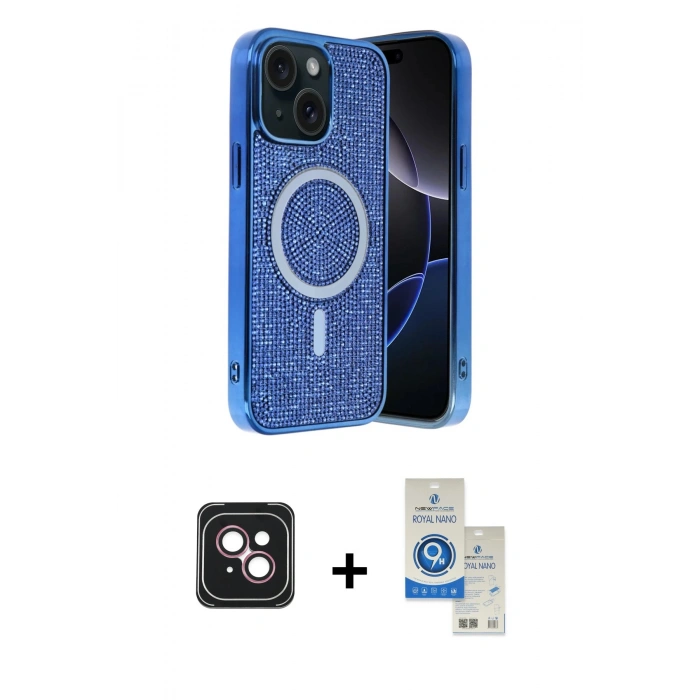 MARSİLYAN™- iPhone 14 Kılıf Eksen Çizgi - Şeffaf Royal Nano Ekran Koruyucu + PVD Metal Kamera Lens - PE