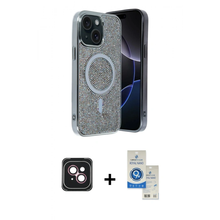 MARSİLYAN™- iPhone 14 Kılıf Eksen Çizgi - Şeffaf Royal Nano Ekran Koruyucu + PVD Metal Kamera Lens - PE