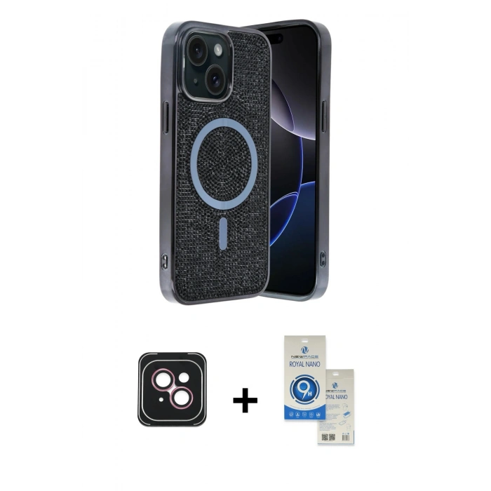MARSİLYAN™- iPhone 14 Kılıf Eksen Çizgi - Şeffaf Royal Nano Ekran Koruyucu + PVD Metal Kamera Lens - PE