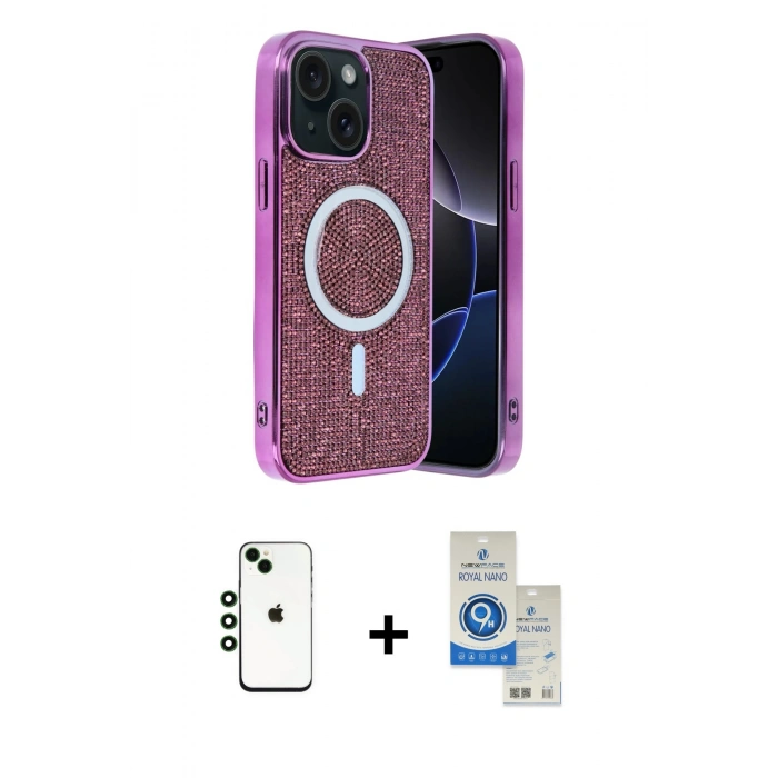 MARSİLYAN™- iPhone 14 Kılıf Eksen Çizgi - Şeffaf Royal Nano Ekran Koruyucu + Shine Kamera Lens - YL