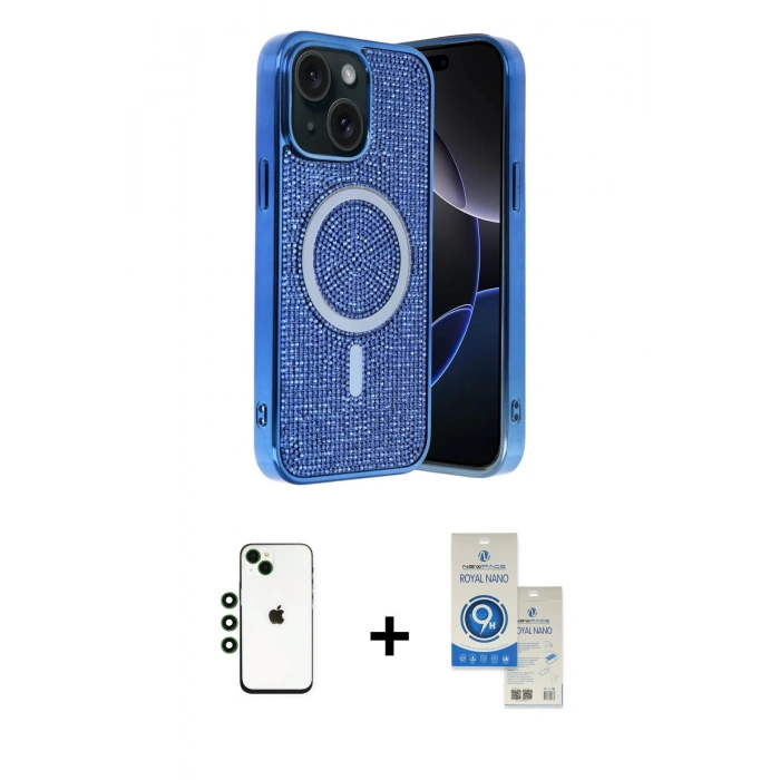 MARSİLYAN™- iPhone 14 Kılıf Eksen Çizgi - Şeffaf Royal Nano Ekran Koruyucu + Shine Kamera Lens - YL