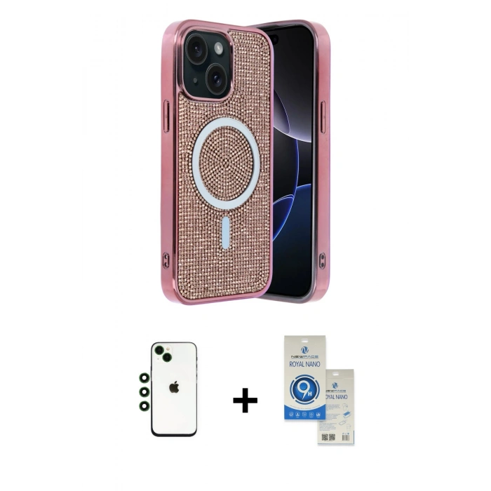 MARSİLYAN™- iPhone 14 Kılıf Eksen Çizgi - Şeffaf Royal Nano Ekran Koruyucu + Shine Kamera Lens - YL