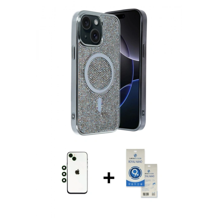 MARSİLYAN™- iPhone 14 Kılıf Eksen Çizgi - Şeffaf Royal Nano Ekran Koruyucu + Shine Kamera Lens - YL