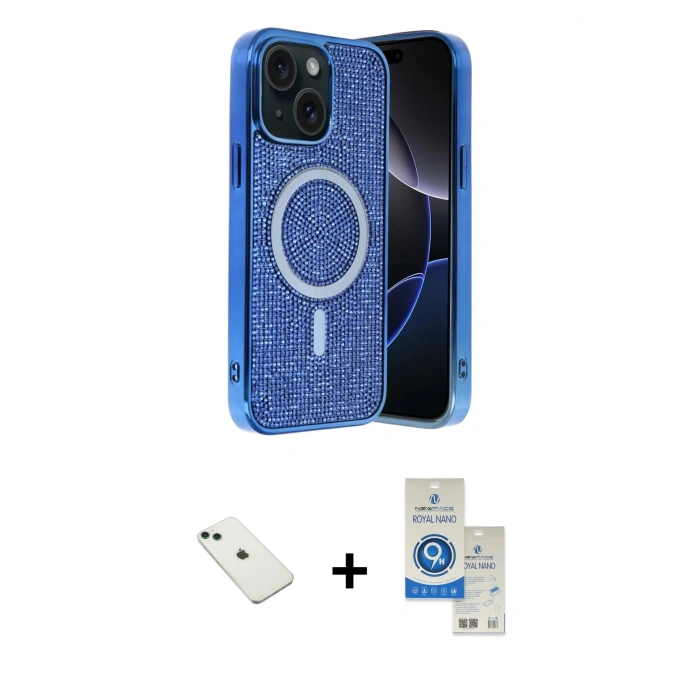 MARSİLYAN™- iPhone 14 Kılıf Eksen Çizgi - Şeffaf Royal Nano Ekran Koruyucu + Diamond Kamera Lens - YL