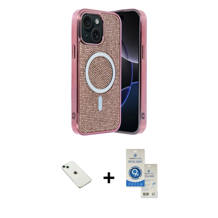 MARSİLYAN™- iPhone 14 Kılıf Eksen Çizgi - Şeffaf Royal Nano Ekran Koruyucu + Diamond Kamera Lens - YL
