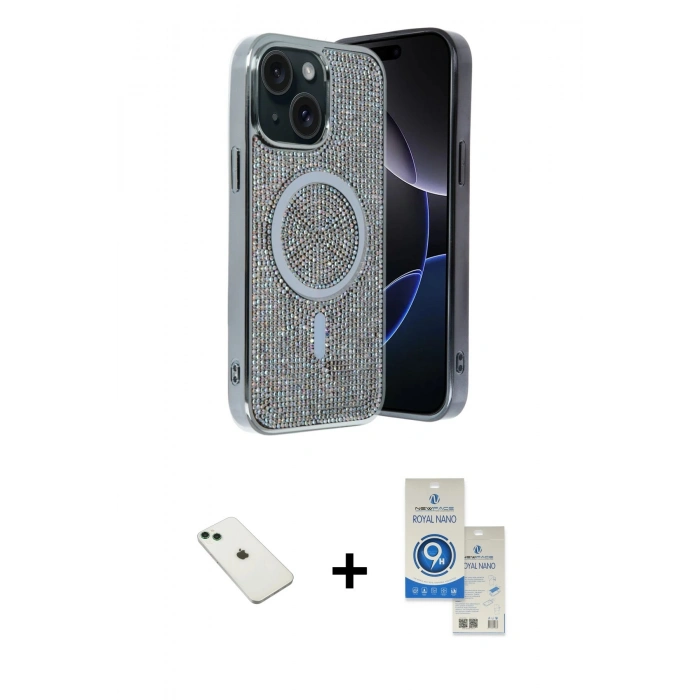 MARSİLYAN™- iPhone 14 Kılıf Eksen Çizgi - Şeffaf Royal Nano Ekran Koruyucu + Diamond Kamera Lens - YL