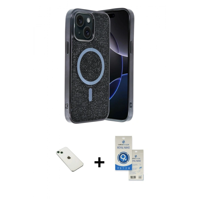 MARSİLYAN™- iPhone 14 Kılıf Eksen Çizgi - Şeffaf Royal Nano Ekran Koruyucu + Diamond Kamera Lens - YL