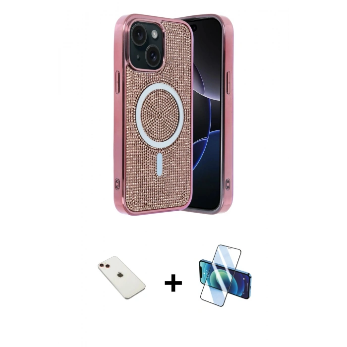 MARSİLYAN™- iPhone 14 Kılıf Eksen Çizgi - Siyah 3D Antistatik Cam Ekran Koruyucu + Diamond Kamera Lens - KI
