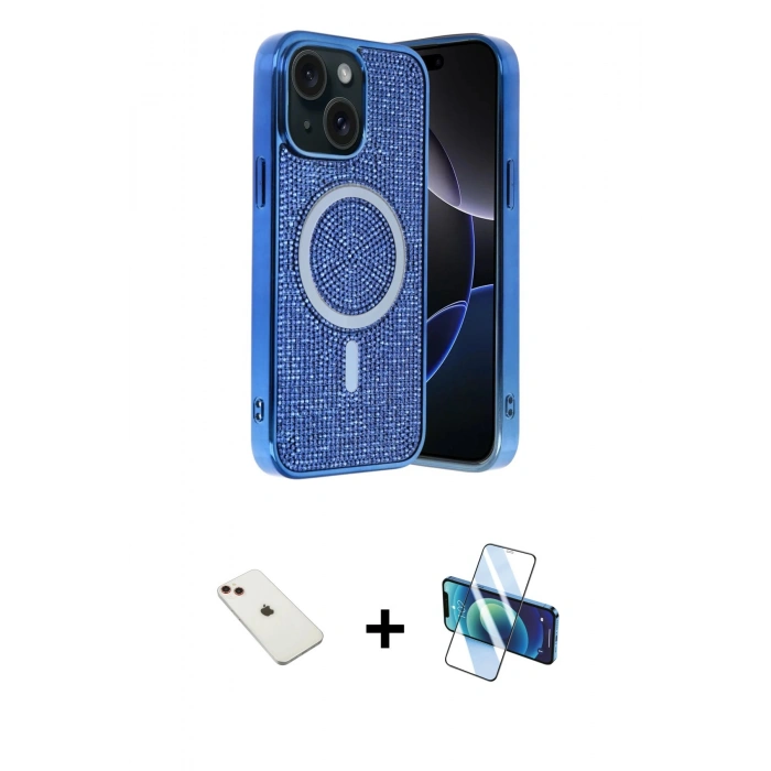 MARSİLYAN™- iPhone 14 Kılıf Eksen Çizgi - Siyah 3D Antistatik Cam Ekran Koruyucu + Diamond Kamera Lens - KI