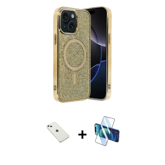 MARSİLYAN™- iPhone 14 Kılıf Eksen Çizgi - Siyah 3D Antistatik Cam Ekran Koruyucu + Diamond Kamera Lens - SABE