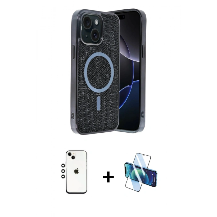 MARSİLYAN™- iPhone 14 Kılıf Eksen Çizgi - Siyah 3D Antistatik Cam Ekran Koruyucu + Shine Kamera Lens - GS