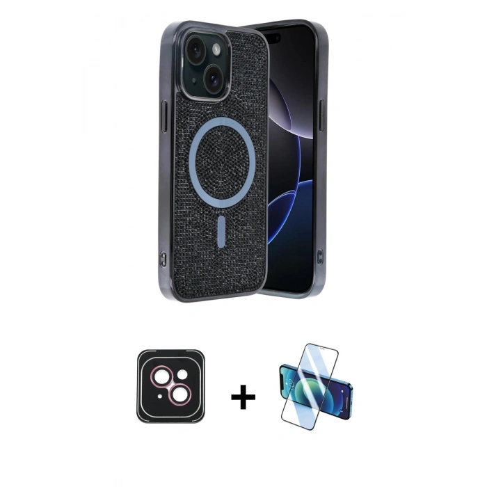 MARSİLYAN™- iPhone 14 Kılıf Eksen Çizgi - Siyah 3D Antistatik Cam Ekran Koruyucu + PVD Metal Kamera Lens - PE