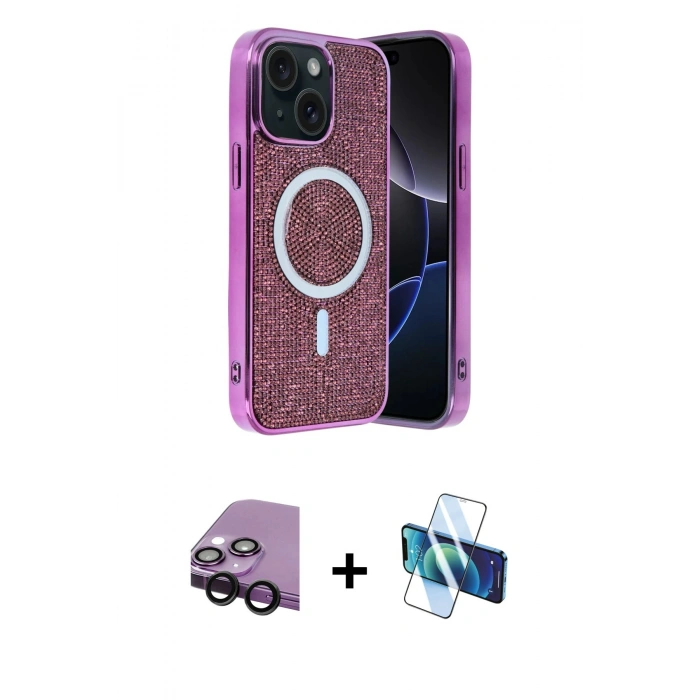 MARSİLYAN™- iPhone 14 Kılıf Eksen Çizgi - Siyah 3D Antistatik Cam Ekran Koruyucu + Raze Metal Kamera Lens - SH