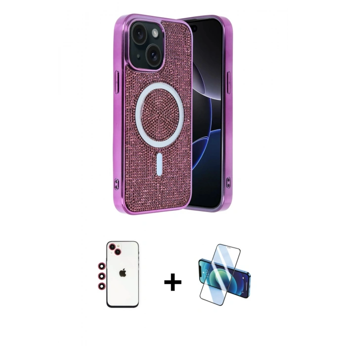 MARSİLYAN™- iPhone 14 Kılıf Eksen Çizgi - Siyah 3D Antistatik Cam Ekran Koruyucu + Shine Kamera Lens - KI