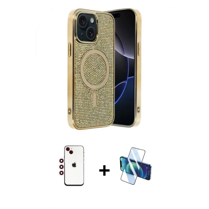 MARSİLYAN™- iPhone 14 Kılıf Eksen Çizgi - Siyah 3D Antistatik Cam Ekran Koruyucu + Shine Kamera Lens - KI