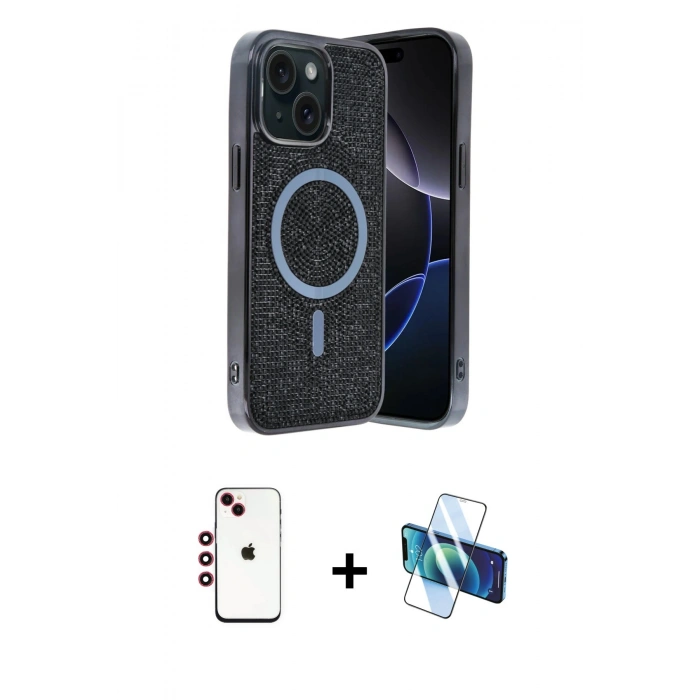 MARSİLYAN™- iPhone 14 Kılıf Eksen Çizgi - Siyah 3D Antistatik Cam Ekran Koruyucu + Shine Kamera Lens - KI