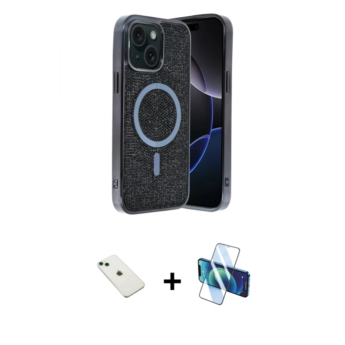 MARSİLYAN™- iPhone 14 Kılıf Eksen Çizgi - Siyah 3D Antistatik Cam Ekran Koruyucu + Diamond Kamera Lens - YL