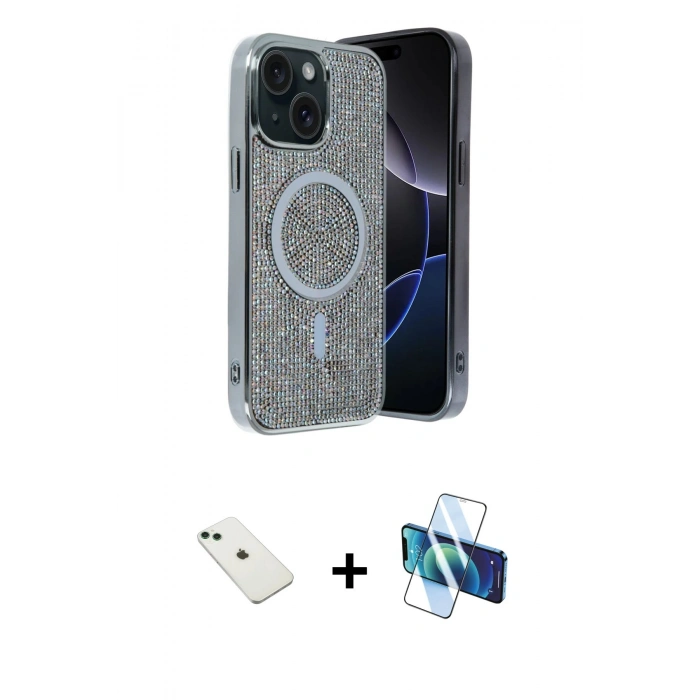 MARSİLYAN™- iPhone 14 Kılıf Eksen Çizgi - Siyah 3D Antistatik Cam Ekran Koruyucu + Diamond Kamera Lens - YL