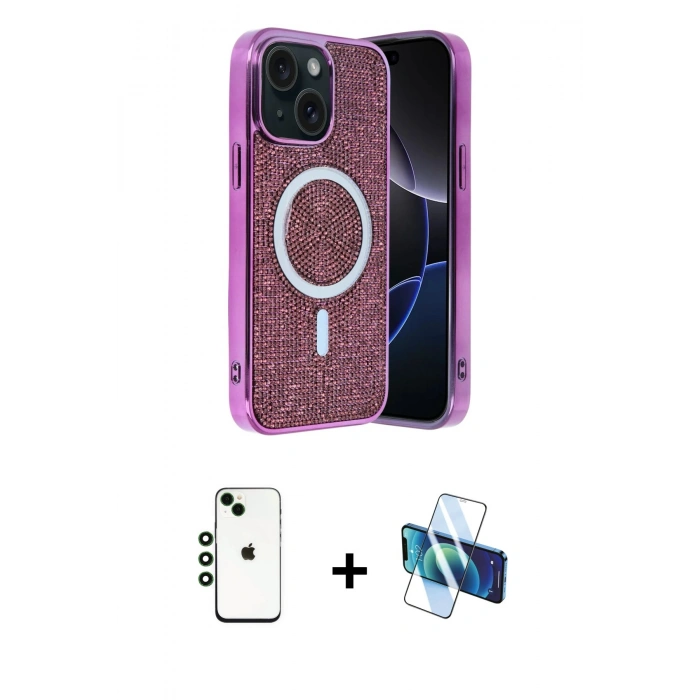 MARSİLYAN™- iPhone 14 Kılıf Eksen Çizgi - Siyah 3D Antistatik Cam Ekran Koruyucu + Shine Kamera Lens - YL